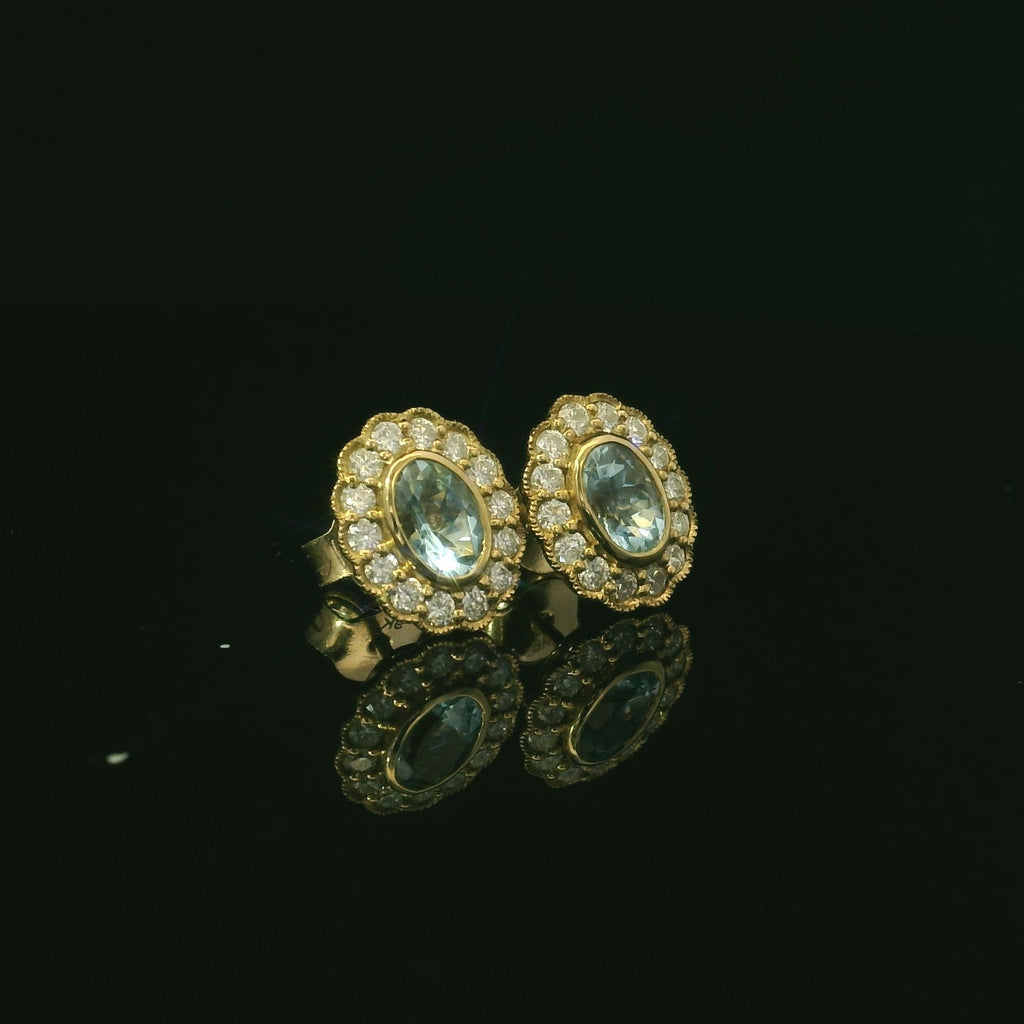aquamarine diamond earrings for women. aquamarine gemstone jewellery for women. gold earrings for women