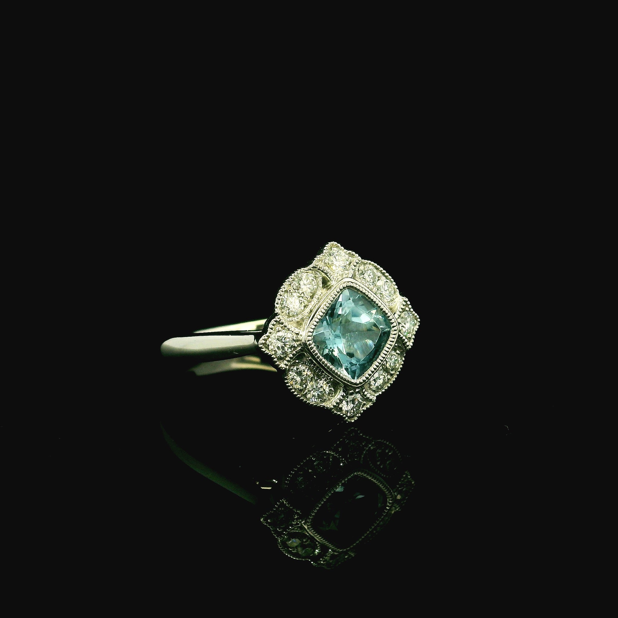 Platinum aquamarine diamond ring - art deco vintage style 