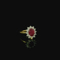 oval ruby ring with brilliant cut diamonds. engagement ring for women. yellow and white gold ring. gold rings for women