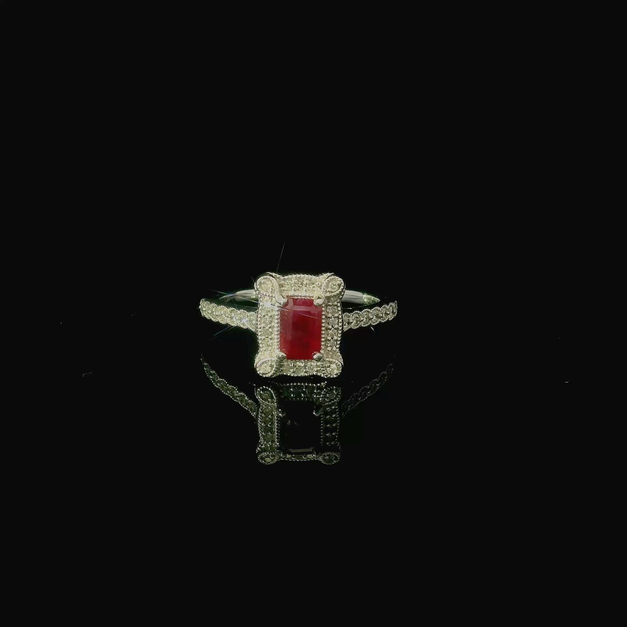9ct white gold ring with ruby millgrain setting. diamond cluster. white gold jewellery for women