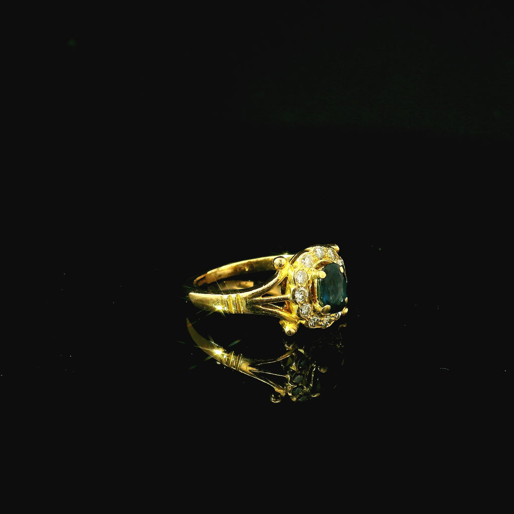 gold ring with oval sapphire stone and diamond cluster - vintage inspired antique art deco ornate ring