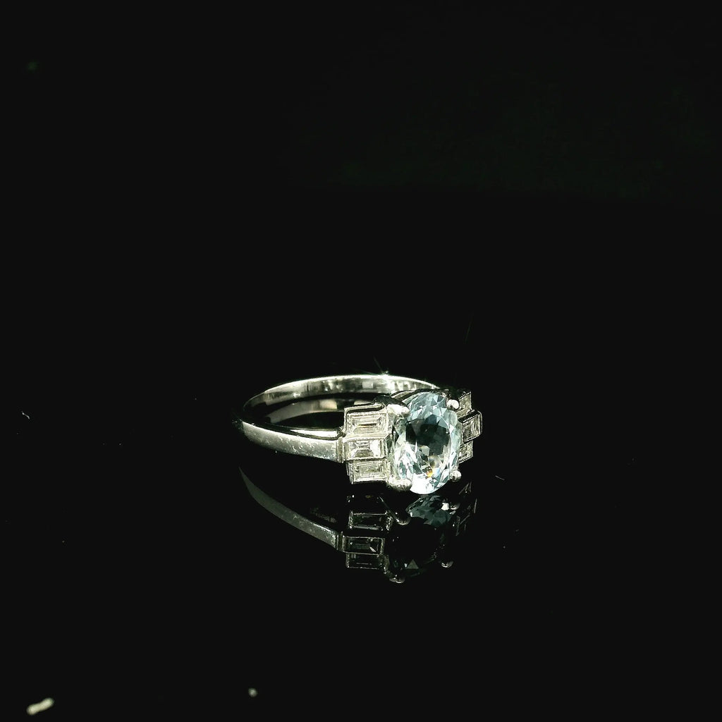 Platinum Aquamarine and Diamond Art Deco Style Ring – Baguette Diamond Shoulders - Andrew Smith Jewellers