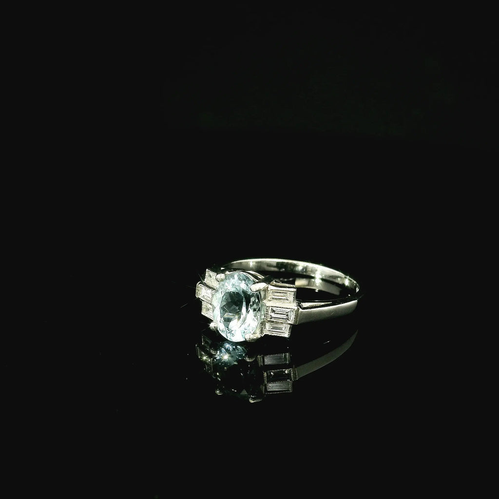 Platinum Aquamarine and Diamond Art Deco Style Ring – Baguette Diamond Shoulders - Andrew Smith Jewellers