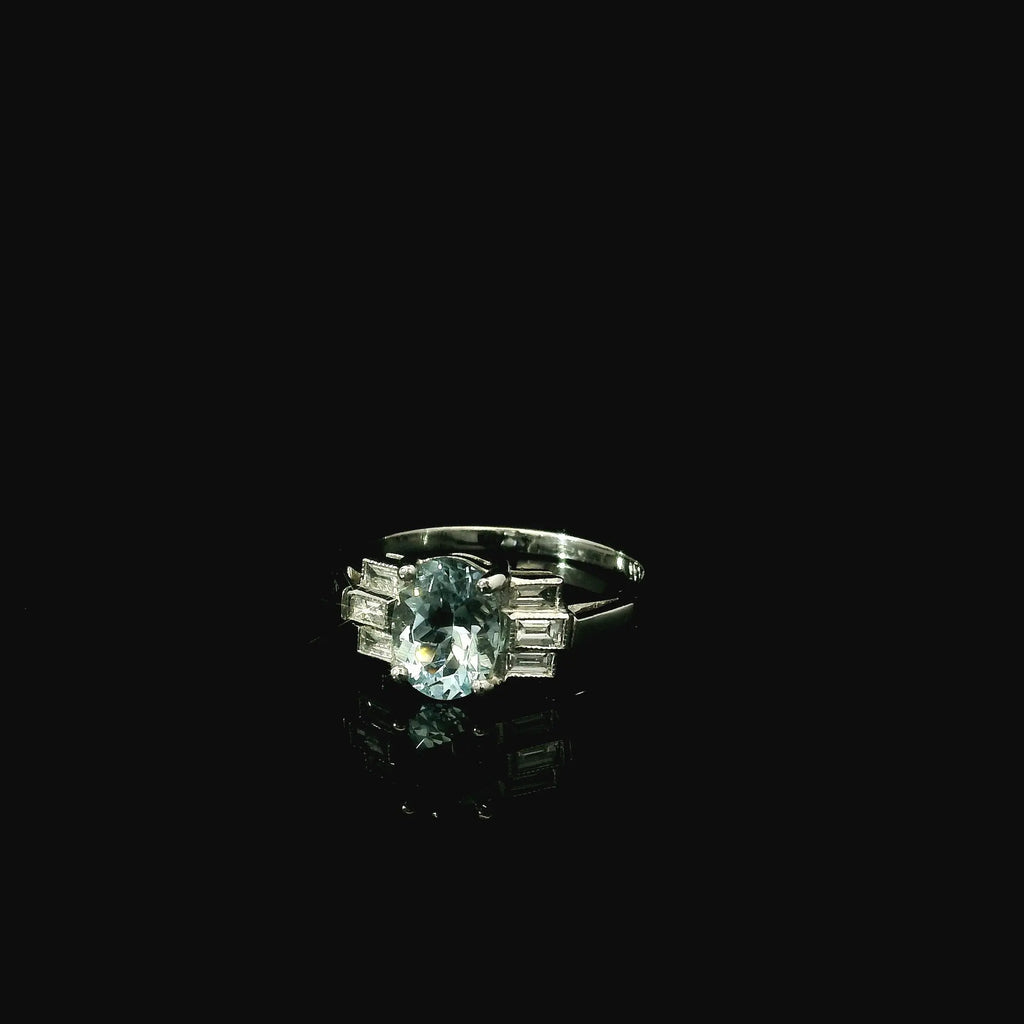 Platinum Aquamarine and Diamond Art Deco Style Ring – Baguette Diamond Shoulders - Andrew Smith Jewellers