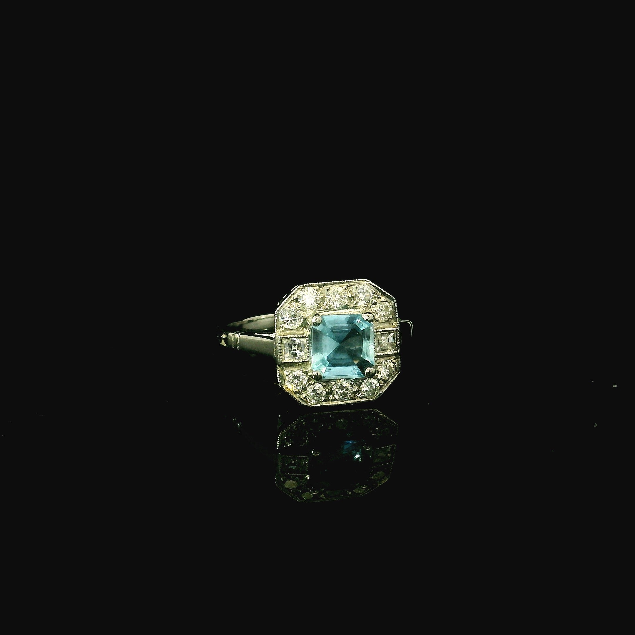 art deco vintage ring for women - bold aquamarine stone