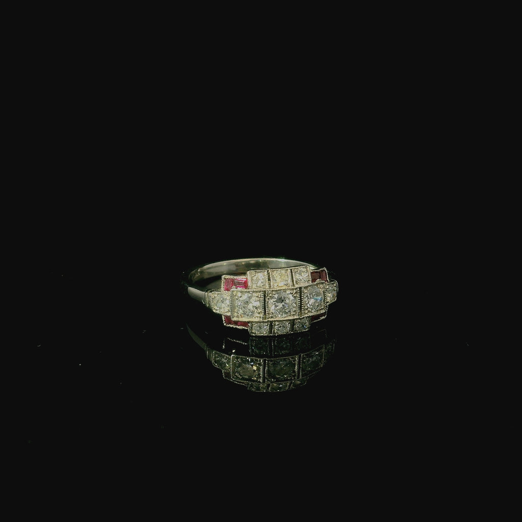 Art Deco Style Platinum Ruby and Old Cut Diamond Ring - Andrew Smith Jewellers