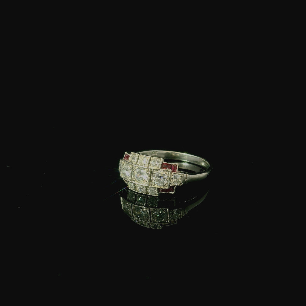 Art Deco Style Platinum Ruby and Old Cut Diamond Ring - Andrew Smith Jewellers