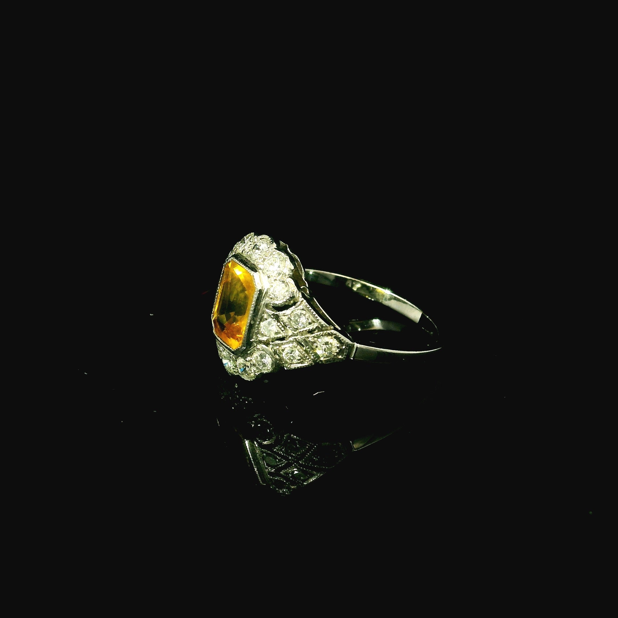 platinum white ring. white gold ring. platinum detailed ring. yellow sapphire ring. 1920s rings for women
