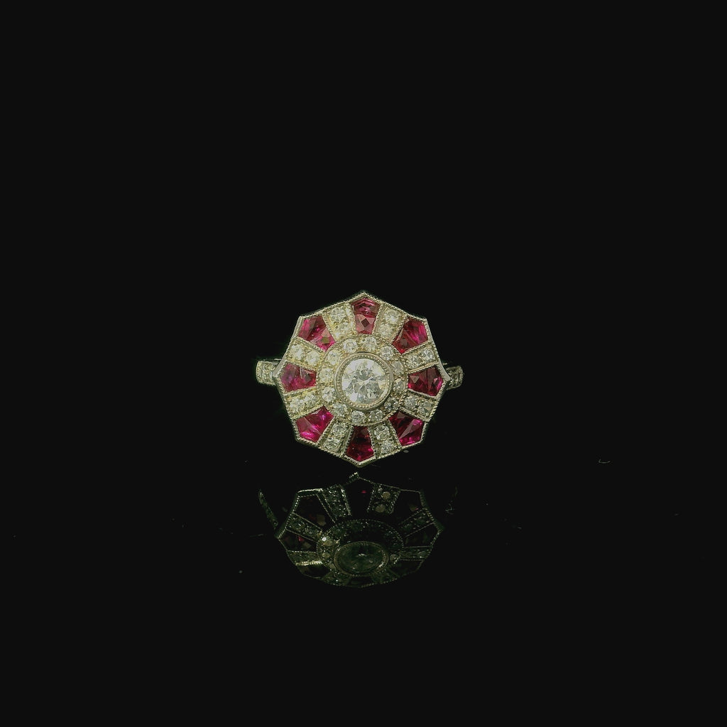 18ct white gold ring for women. art deco inspired ring. gold ring. ruby gemstone