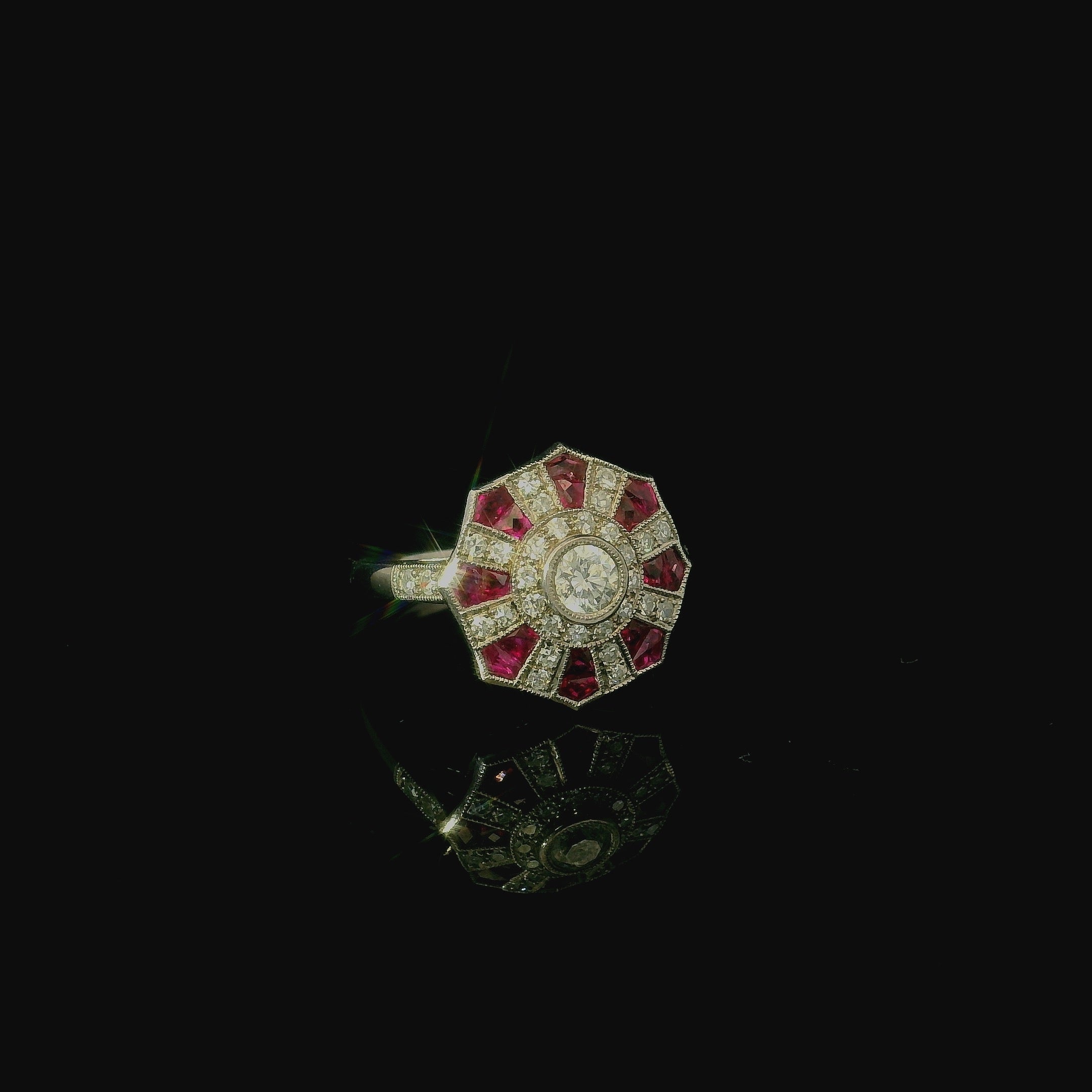 art deco ring for women. 1920s ring. diamond cluster ring. ruby gemstone ring