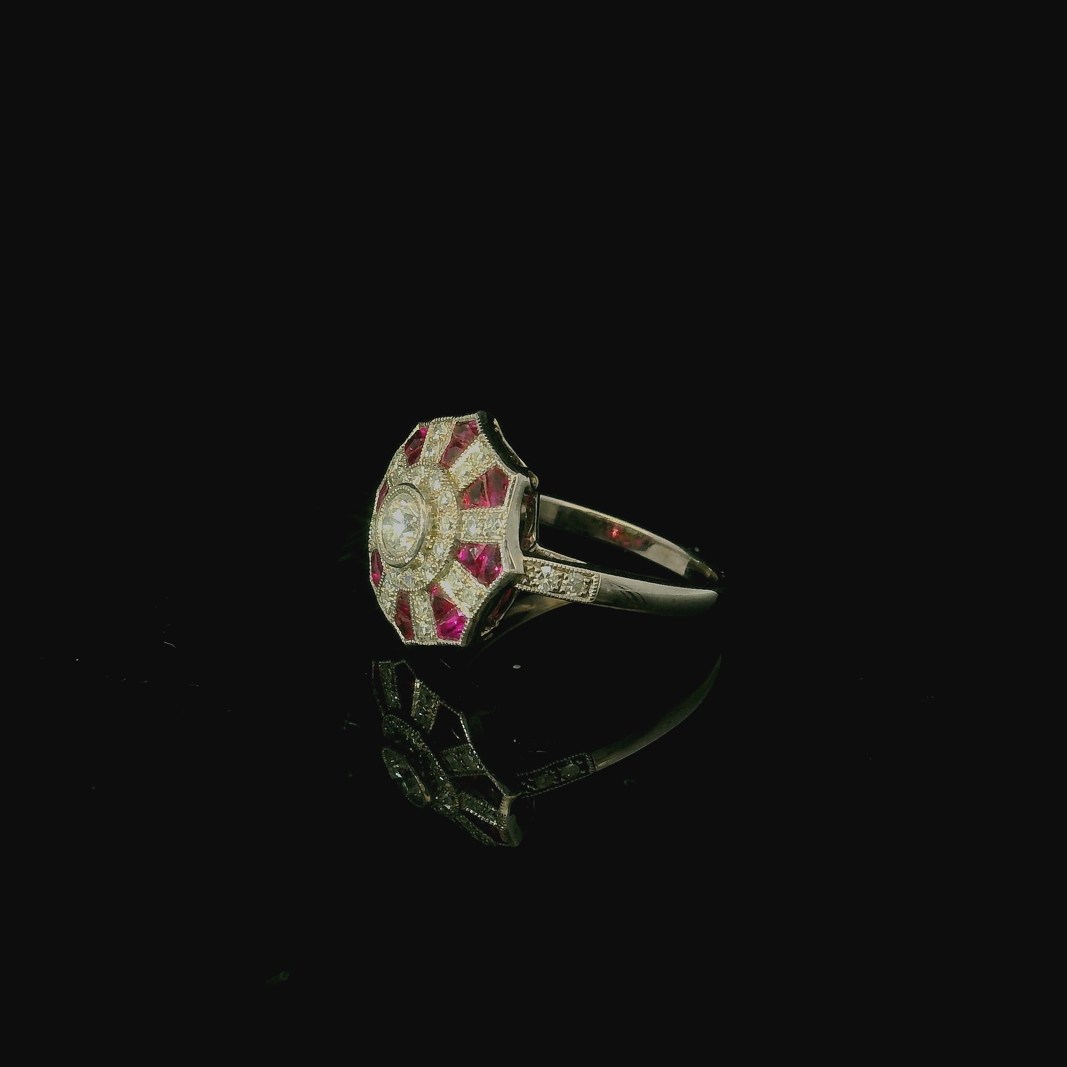 art deco ring for women with diamonds and ruby. ruby diamond ring. gold ruby ring