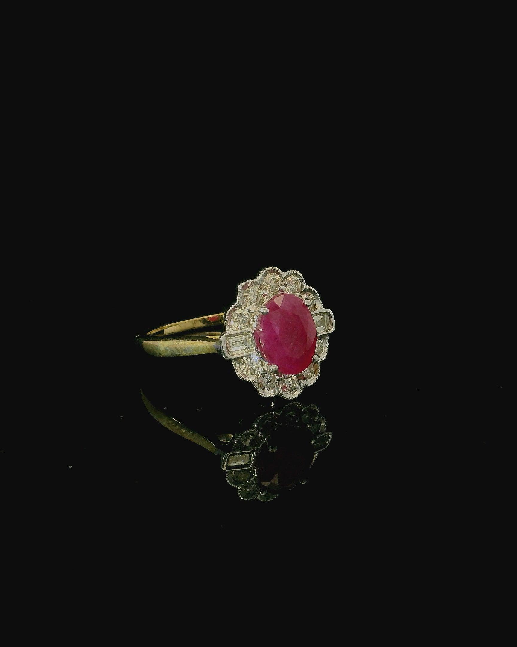 yellow gold diamond ring with statement ruby. flower shaped ring