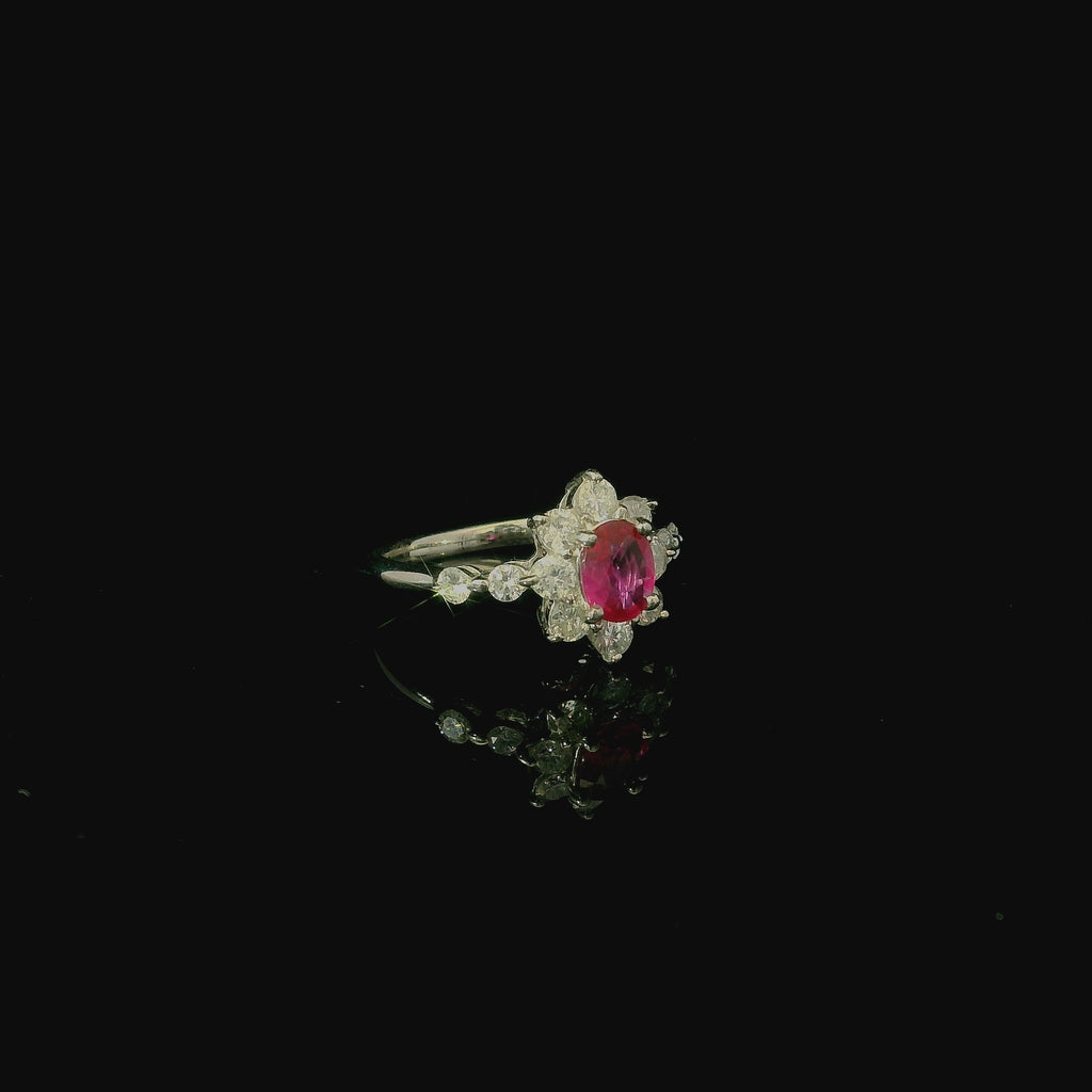modern elegant ruby ring. contemporary jewellery for women. floral inspired diamond rings.