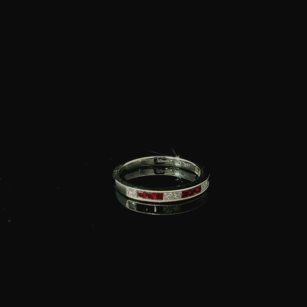 half eternity ruby ring. diamond ring with rubies.
