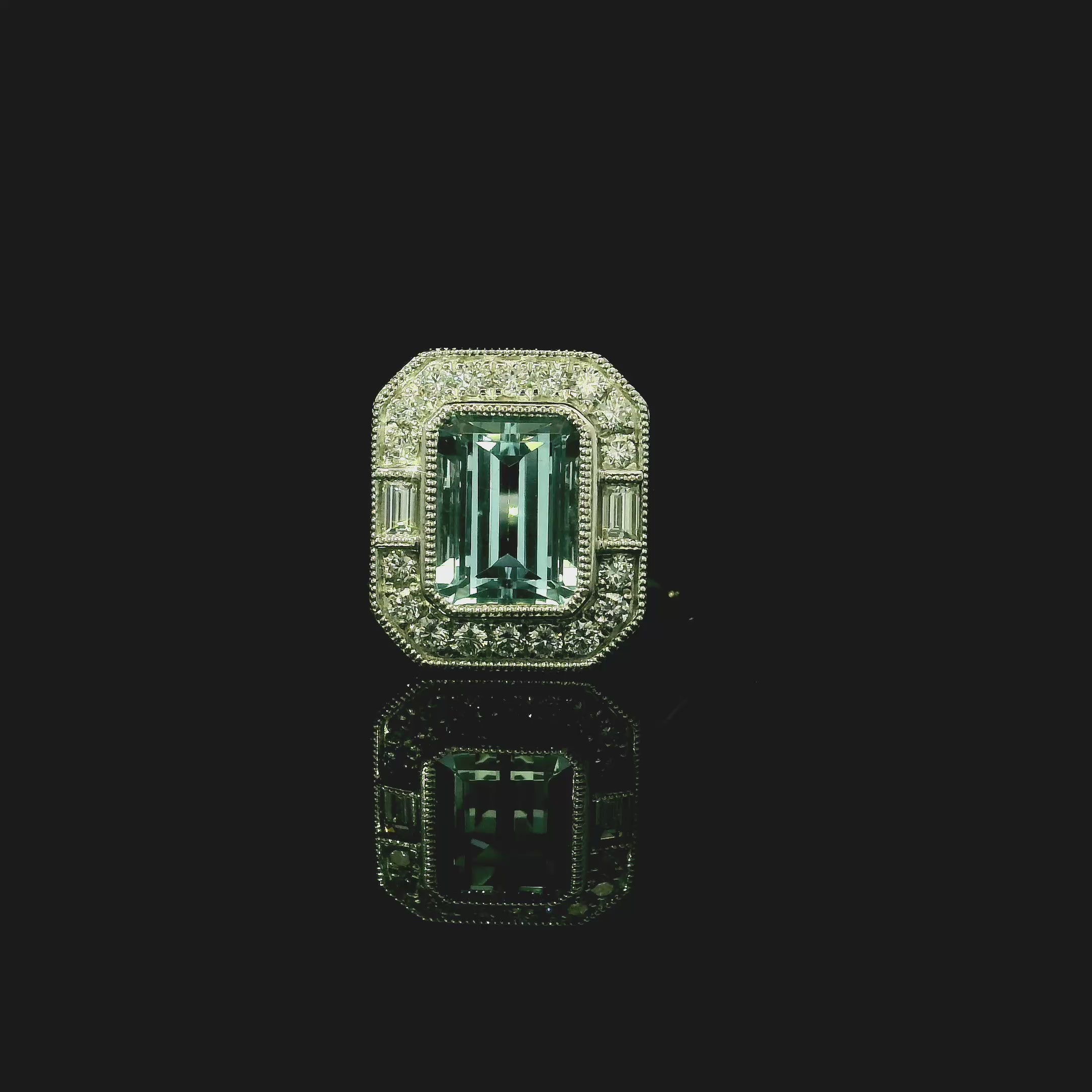 Emerald cut aquamarine 1.73ct art deco inspired antique ring