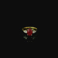 yellow gold minimalist elegant ring for women. bright red bloody ruby gemstone. diamond rings. 