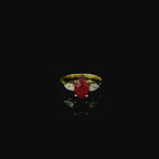 yellow gold minimalist elegant ring for women. bright red bloody ruby gemstone. diamond rings. 