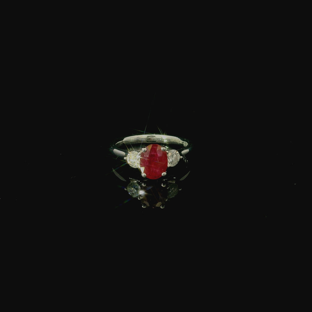 platinum ring with ruby stone and diamonds. ring for women. gifts for women. jewellery for women. jewellery for mothers day