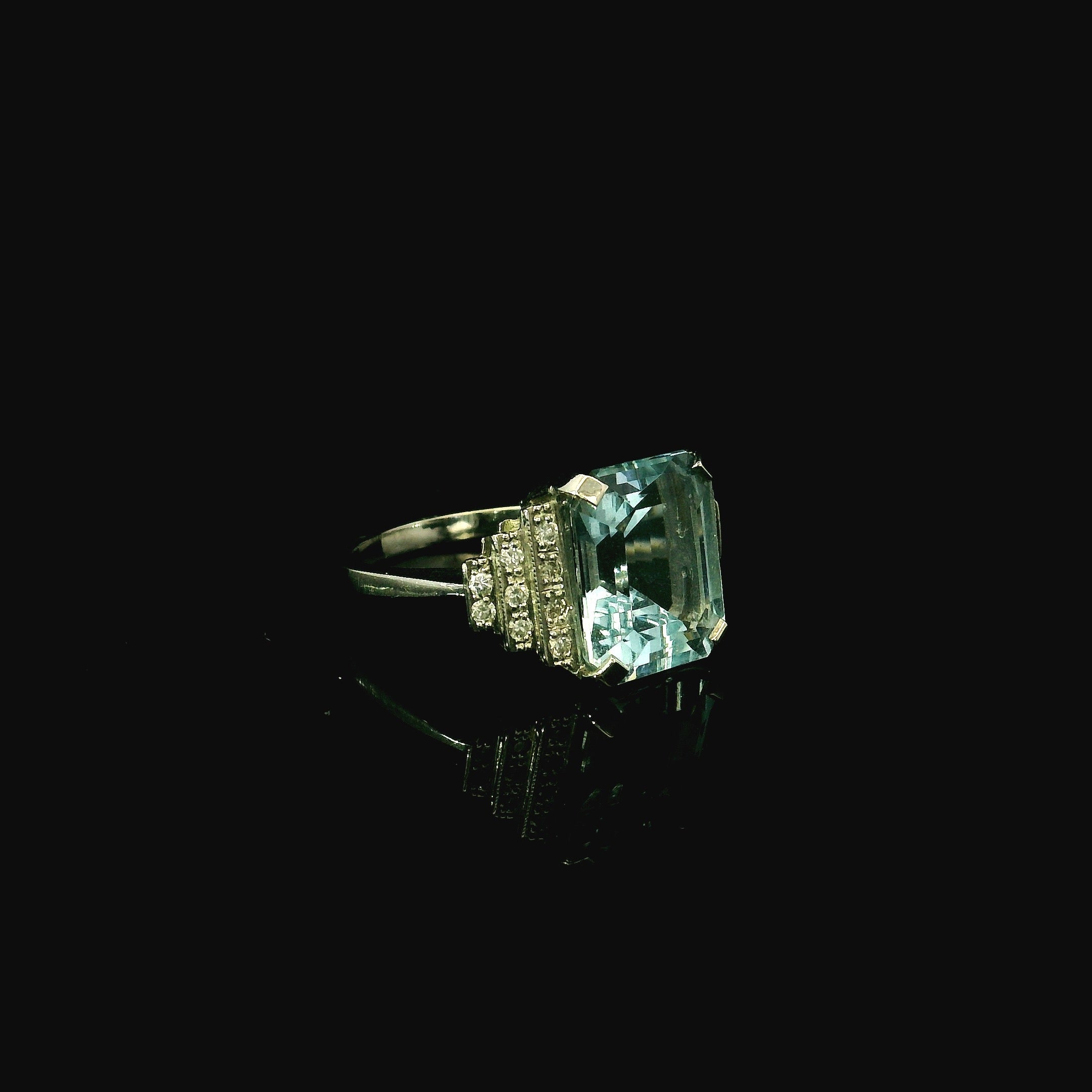 art deco 1920s inspired ring - platinum and aquamarine with diamonds available in west malling