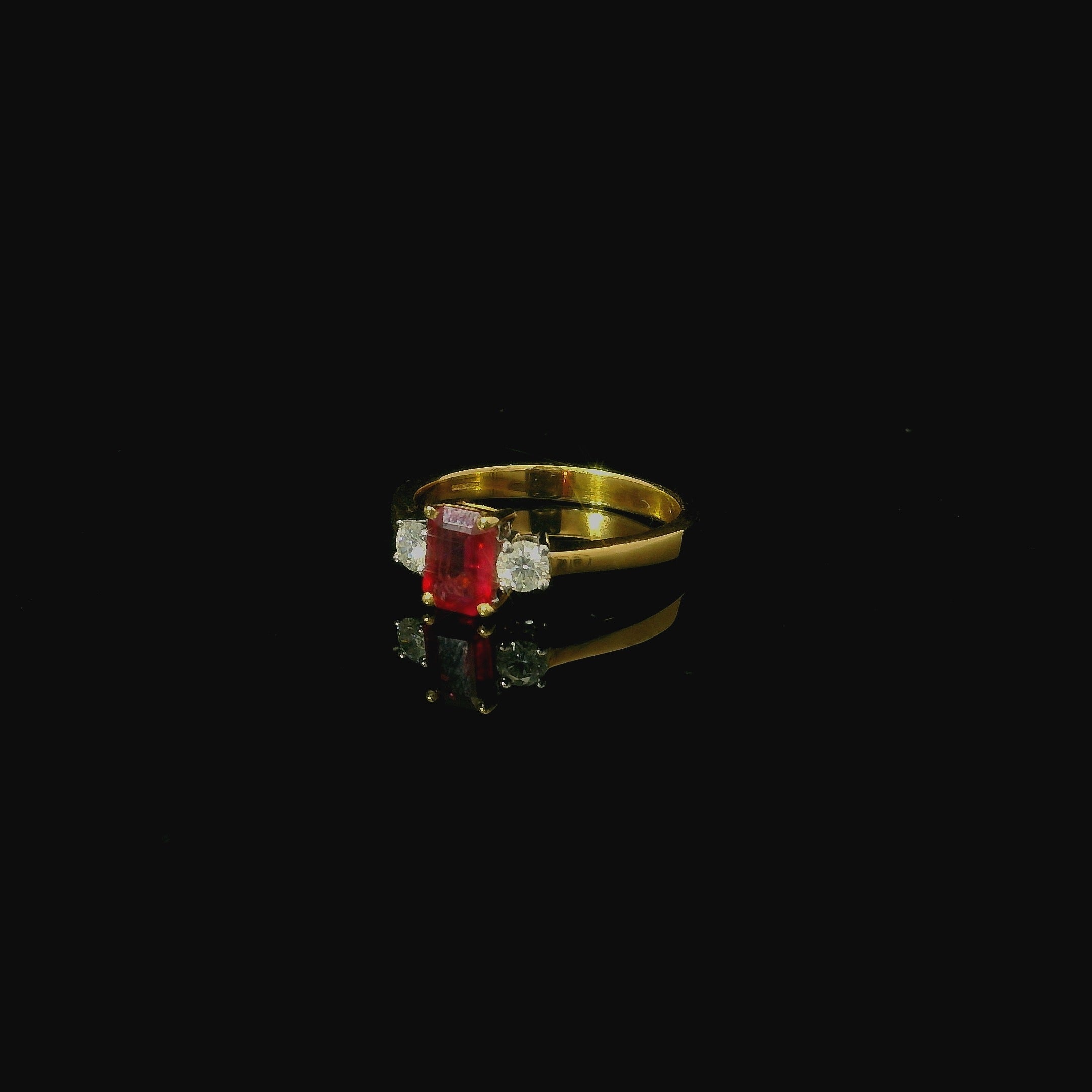 yellow gold ring with diamonds and square ruby. 3 stone ring for women.