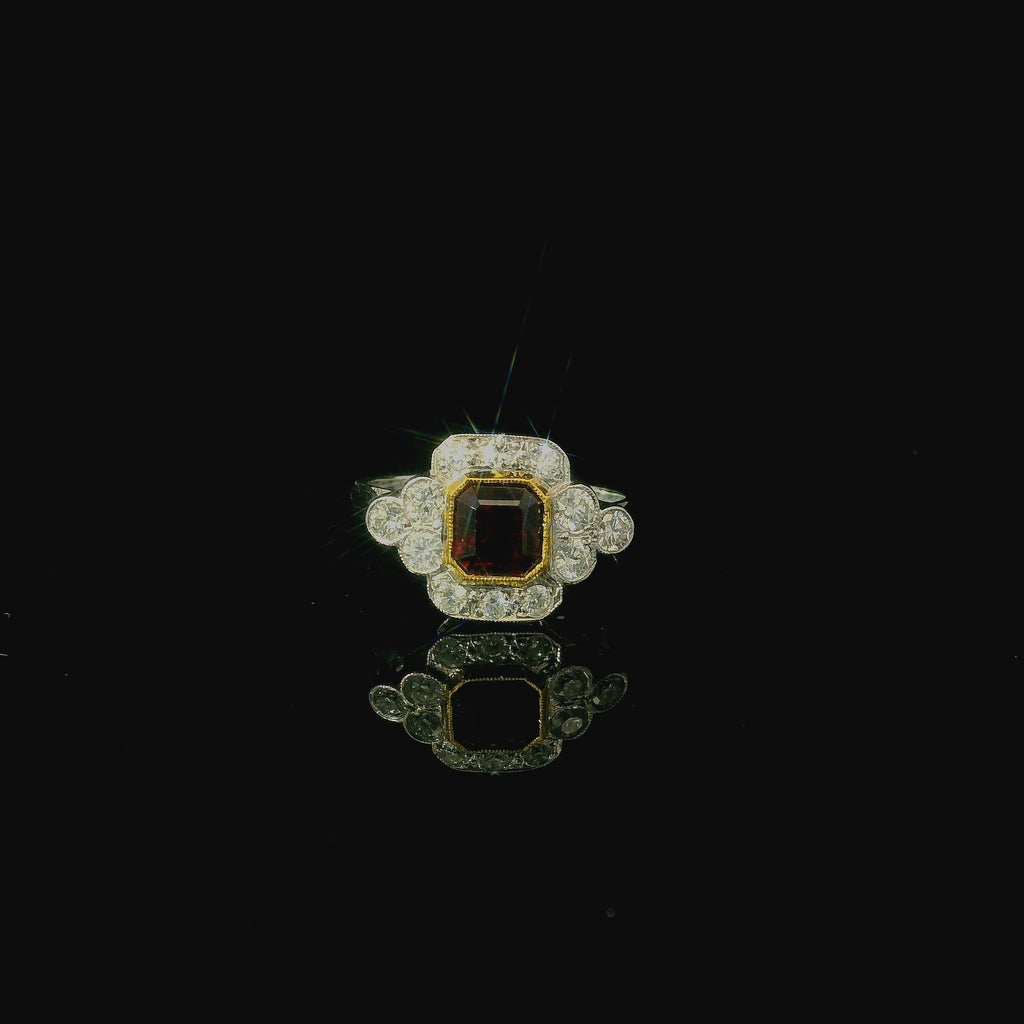 bold statement white gold ring. art deco antique vintage ring. costume jewellery. authentic antique jewellery. dark ruby.