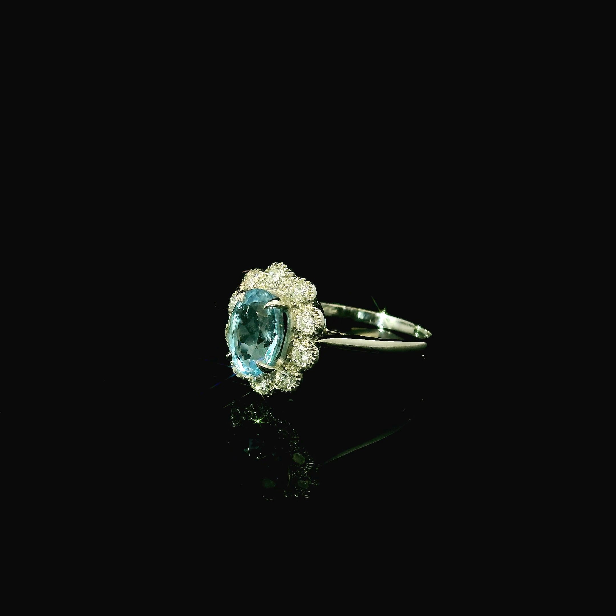 platinum ring for her - vintage inspired diamond ring, aquamarine stone
