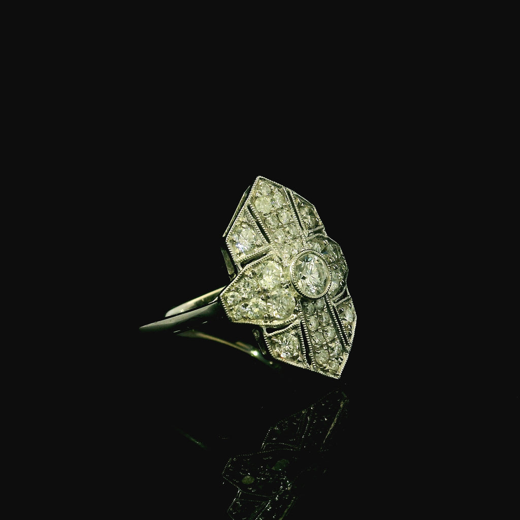 art deco inspired style vintage ring. diamond ring for women. platinum ring