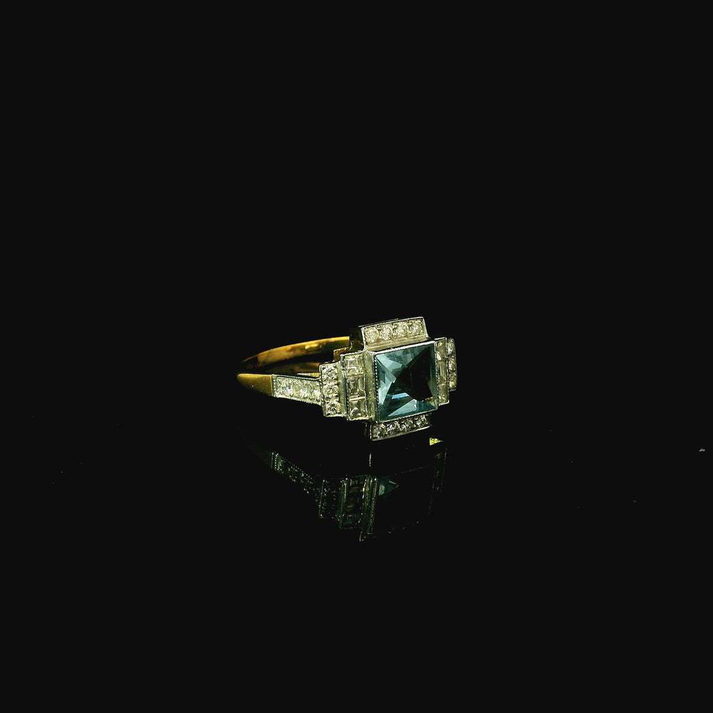 vintage medieval inspired gold ring with aquamarine and diamonds 