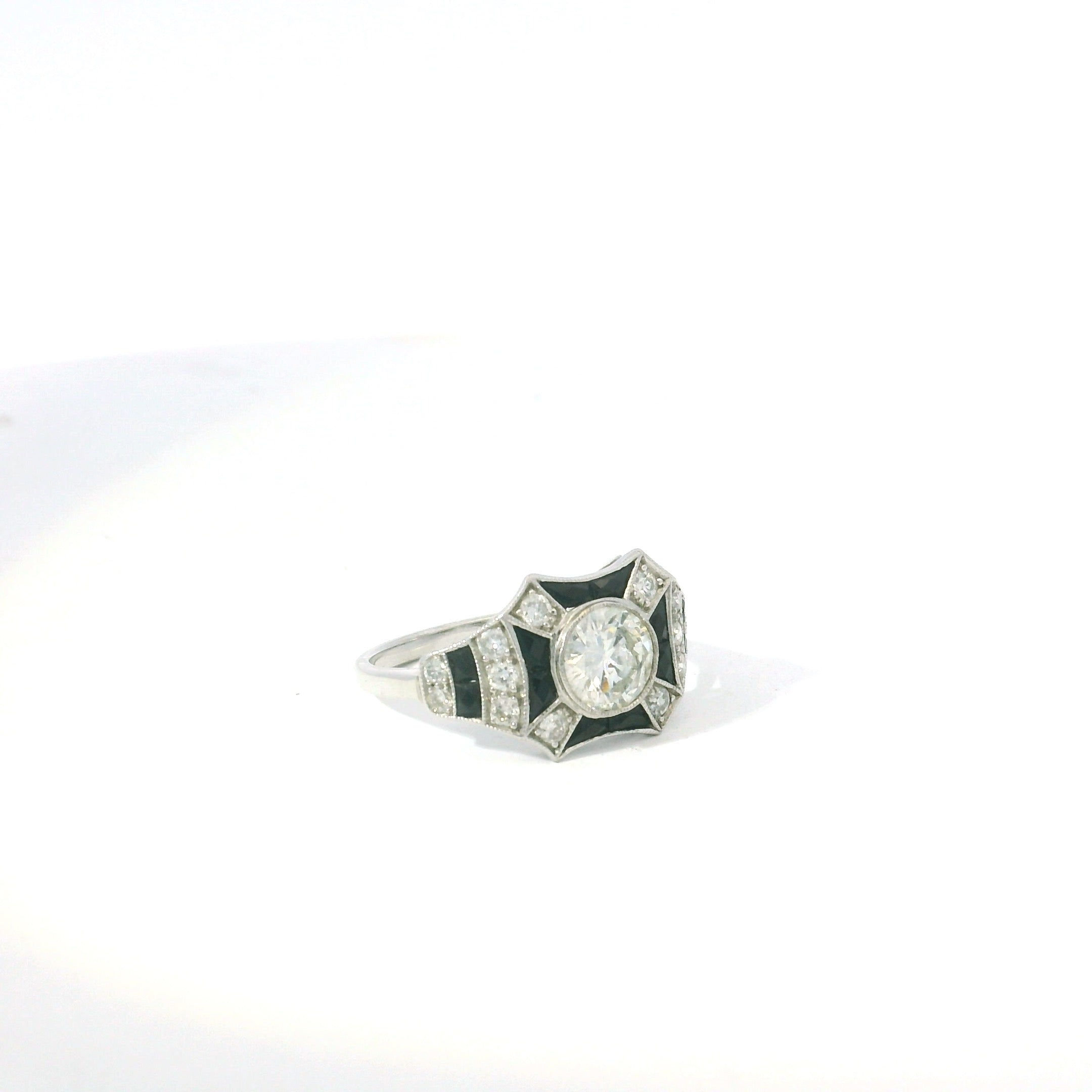 art deco inspired ring for women. onyx and diamond ring. statement jewellery. costume jewellery. 18ct white gold