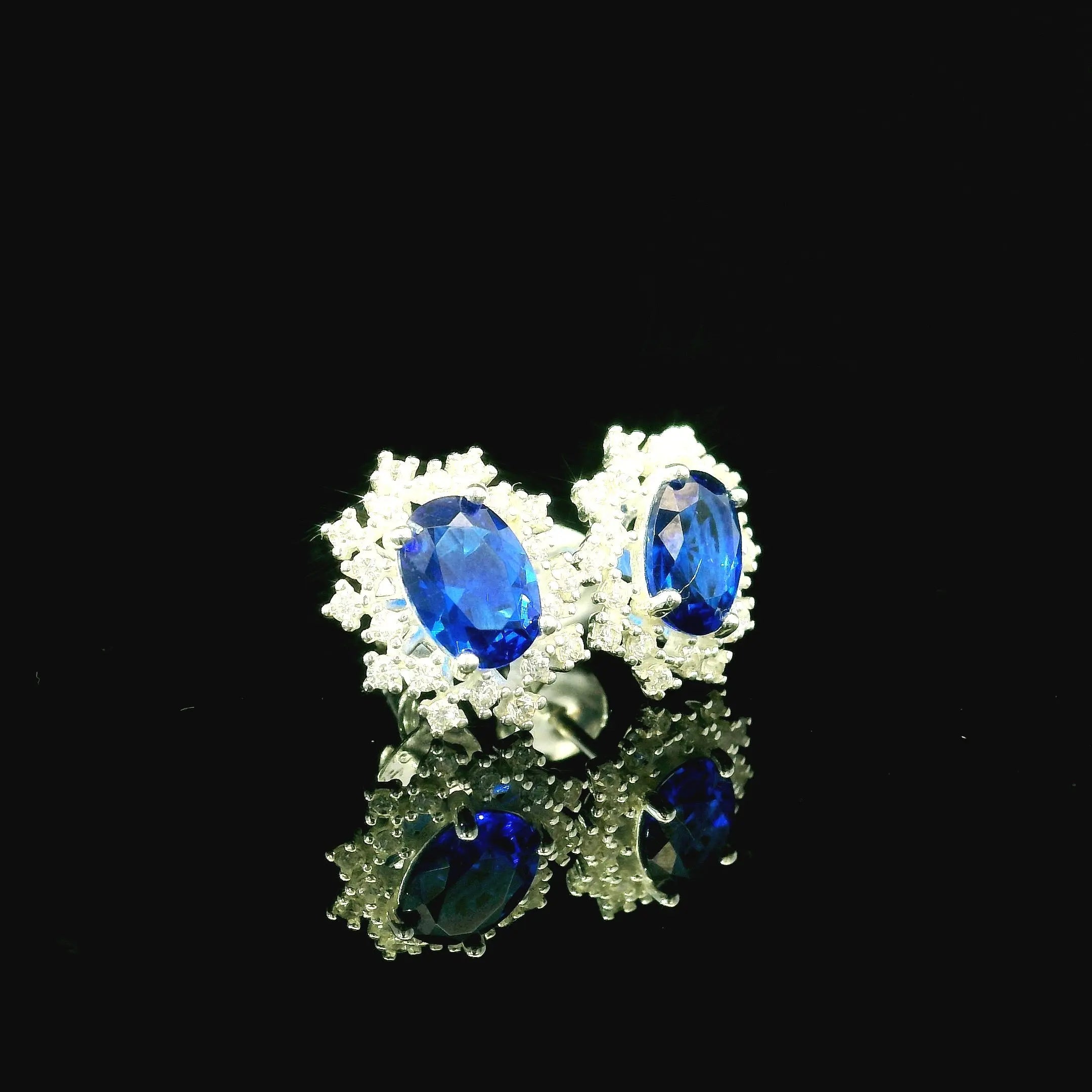 Silver CZ and Blue Oval Stud Earrings - Andrew Smith Jewellers