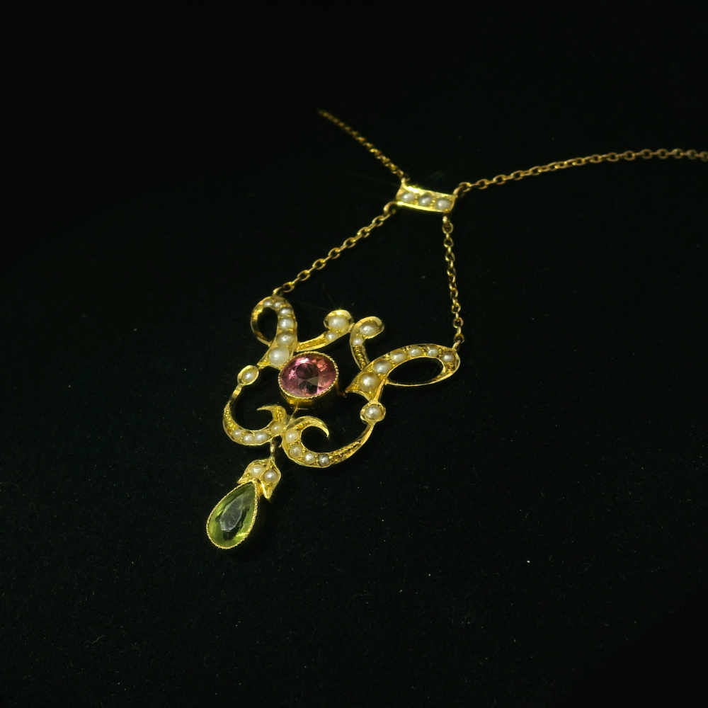tourmaline and pearl necklace. authentic vintage antique victorian necklace